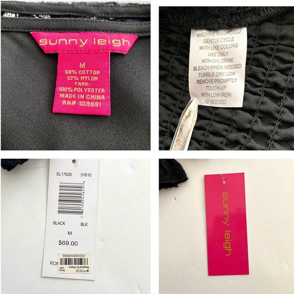 Sunny Leigh Black Lace Blouse Size Medium Smocked Waist Long Sleeve Top - Picture 11 of 14